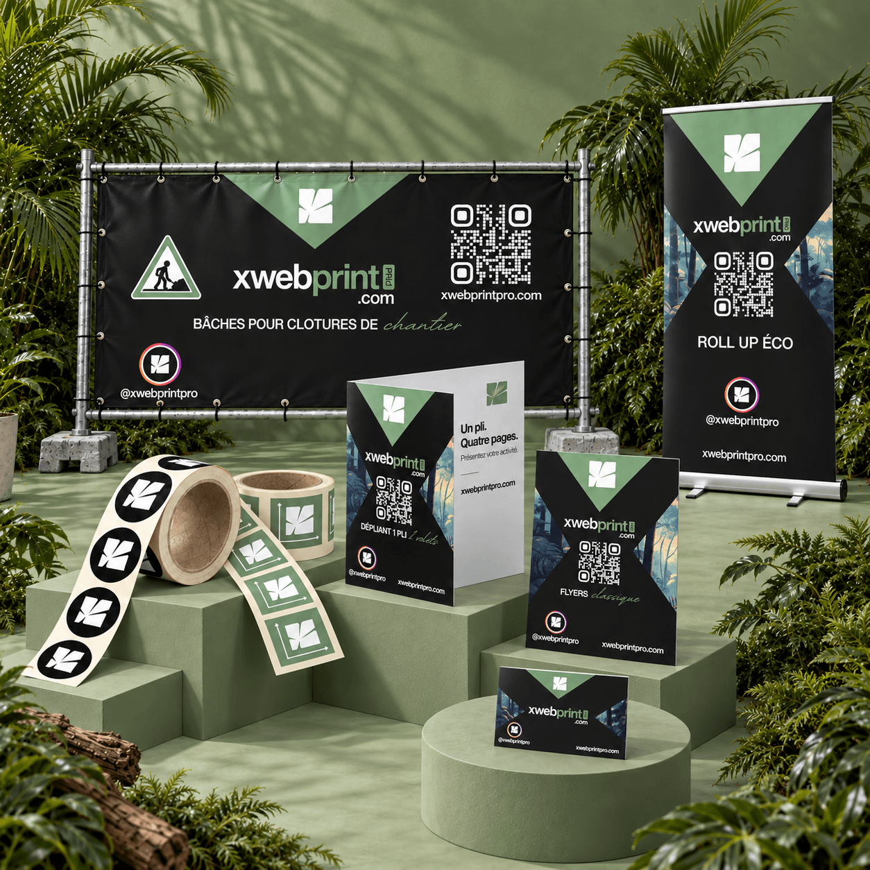 Supports imprimés XWEB : bâches, roll-up, stickers, dépliants et cartes de visite